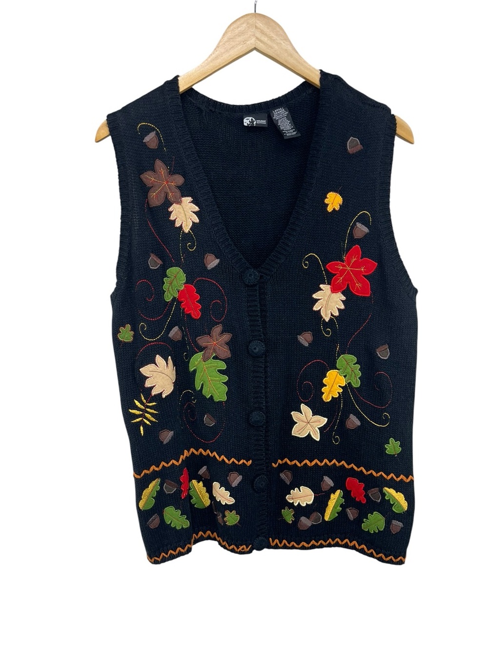 Vtg 90s Holiday Editions Fall Leaf Sweater Vest Cardigan Large